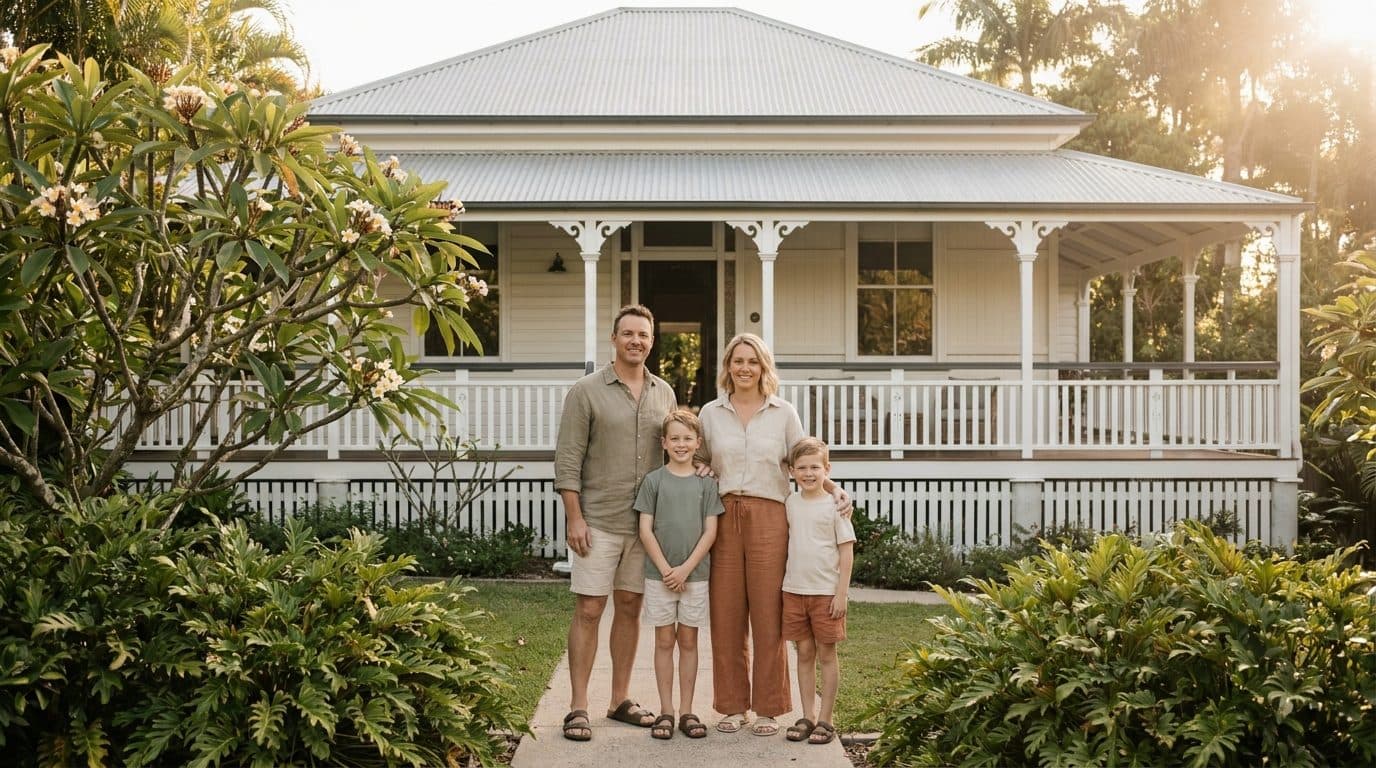 A Brisbane family in front of their renovated Queenslander home